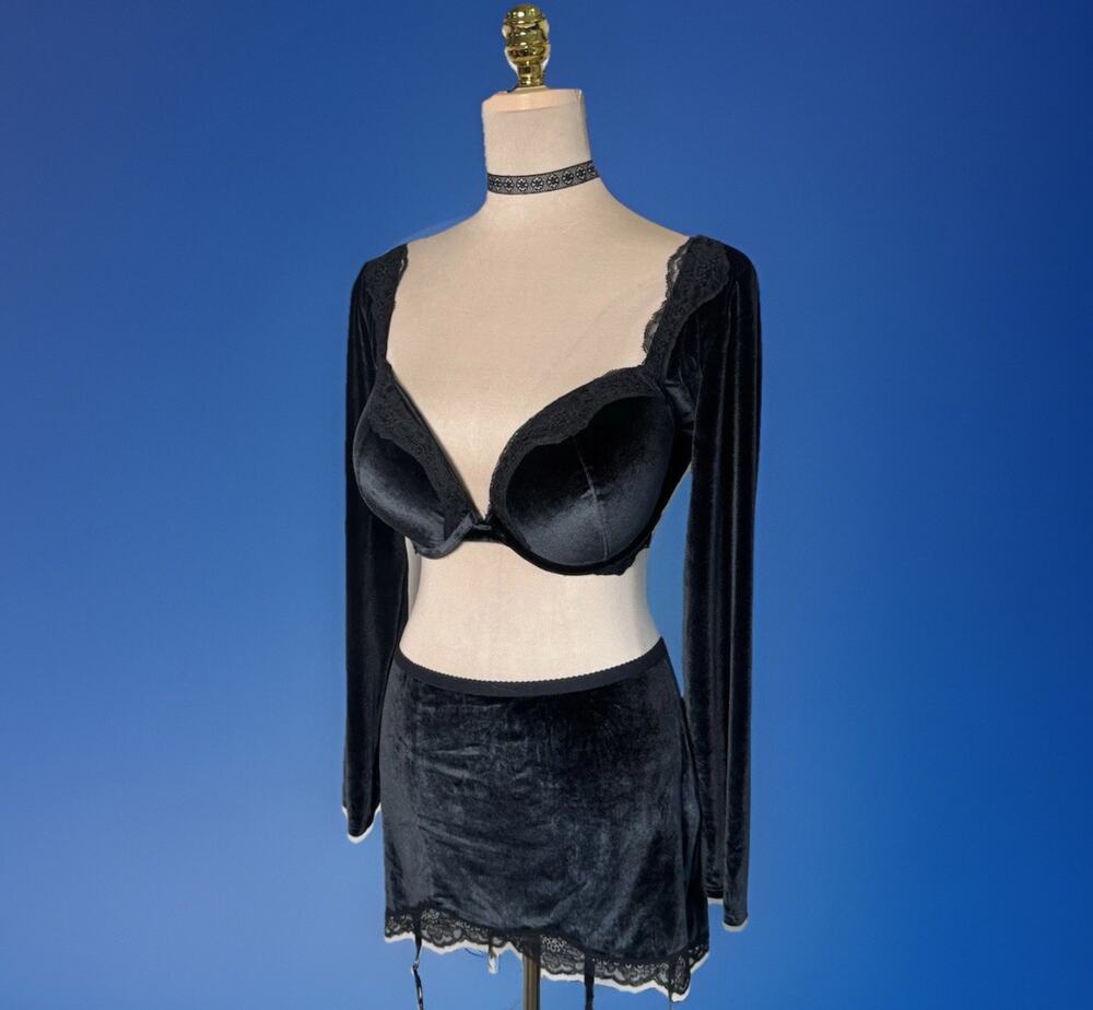 Victoria Secret Black Velvet Skirt With Garters | Cropped Top Long Sleeve | NWT